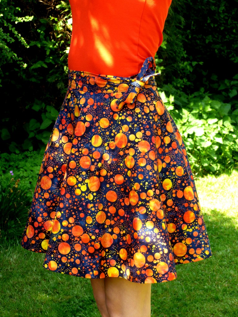 Blue and Orange spot wrap-around skirt showing tie